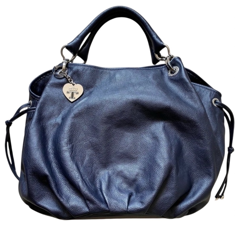 Tous Navy Blue Leather Boho Hobo Shoulder Bag with Curved Handles